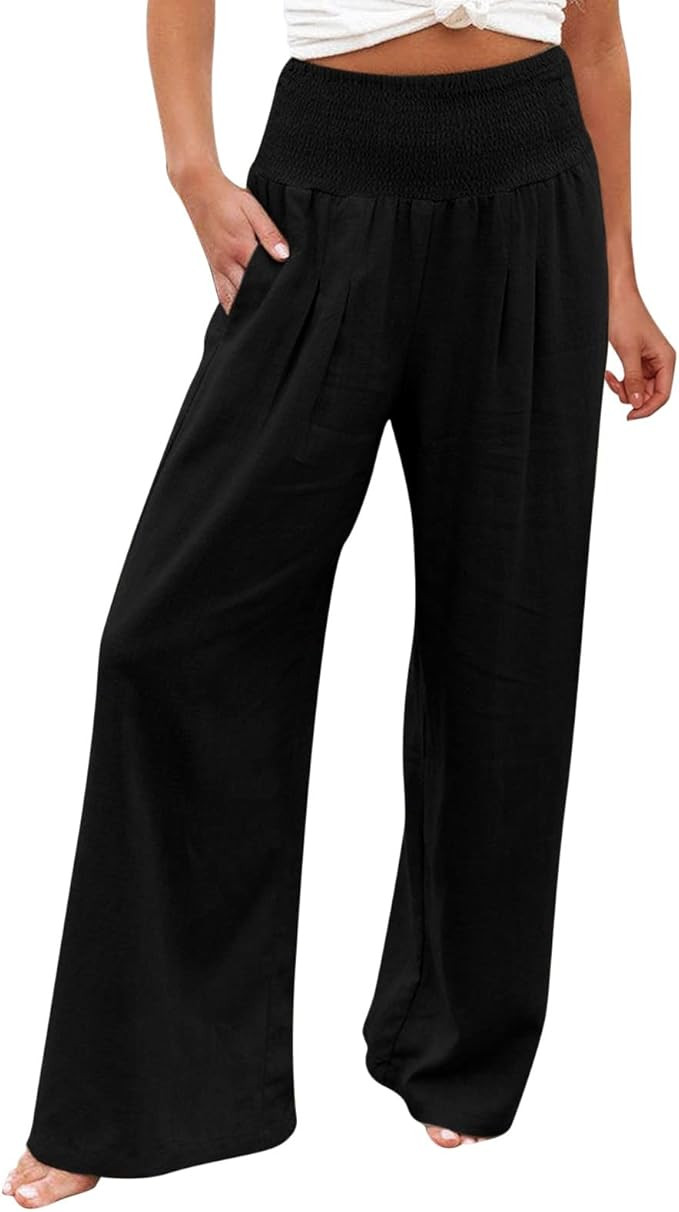Beach Pants for Women Cover Up Short High Waist Wide Leg Palazzo Pants for Women Smocked Elastic ... | Amazon (US)