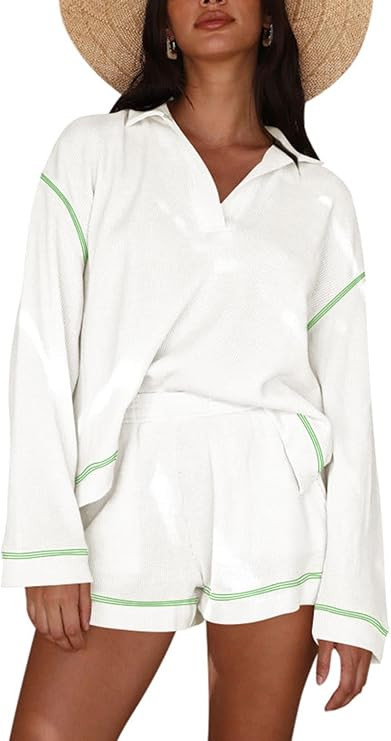 Pink Queen Women's 2025 Fall Casual Waffle Knit Long Sleeve Lounge Sets Casual Top and Shorts 2 P... | Amazon (US)