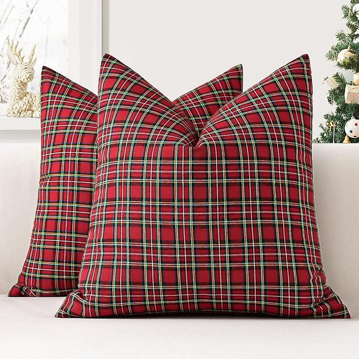 OTOSTAR Pack of 2 Christmas Plaid Decorative Throw Pillow Covers 24x24 Inch Scottish Tartan Farmh... | Amazon (US)