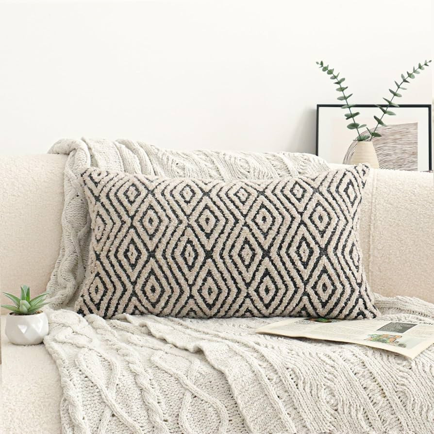 Jonhier Black White Boho Lumbar Throw Pillow Cover, Neutral Textured Geometric Rhombic Pattern Pi... | Amazon (US)