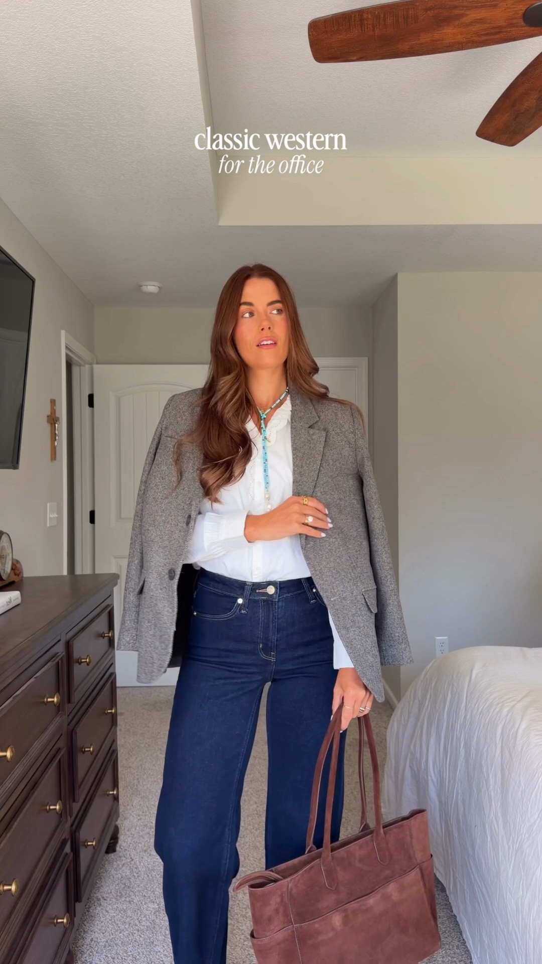Natural fibers! Wool + organic cotton. A timeless office outfit for my western girls! Sizing: 
Italian Wool Blazer: Small, Color: Textured Brown
Stretch Jeans: 26 Extra Long (i’m 5/10!) Deep Rinse
Organic Cotton Blouse: Small, White
Italian Suede Tote: Chocolate Brown
@quince #quincepartner

#LTKgrwm #LTKootd #LTKTall