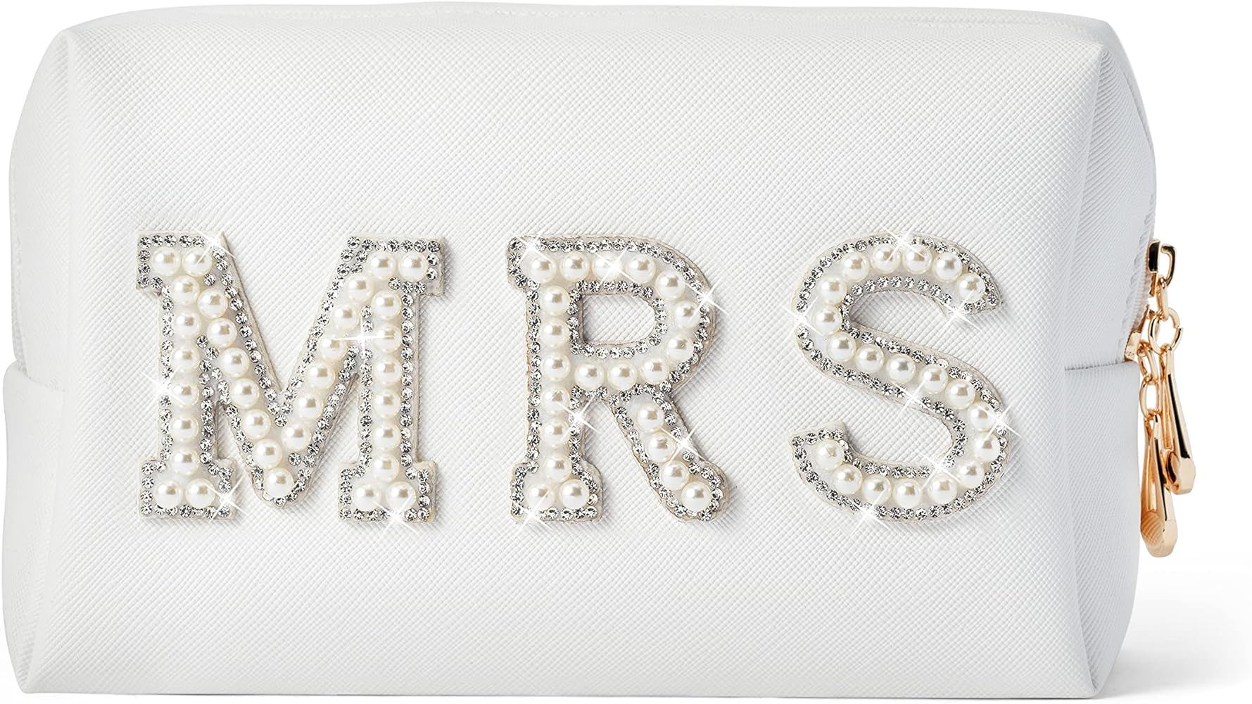 Y1tvei Bride Patch MRS Varsity Letter Cosmetic Toiletry Bag Pearl Rhinestone Letter Patches Bling... | Amazon (US)