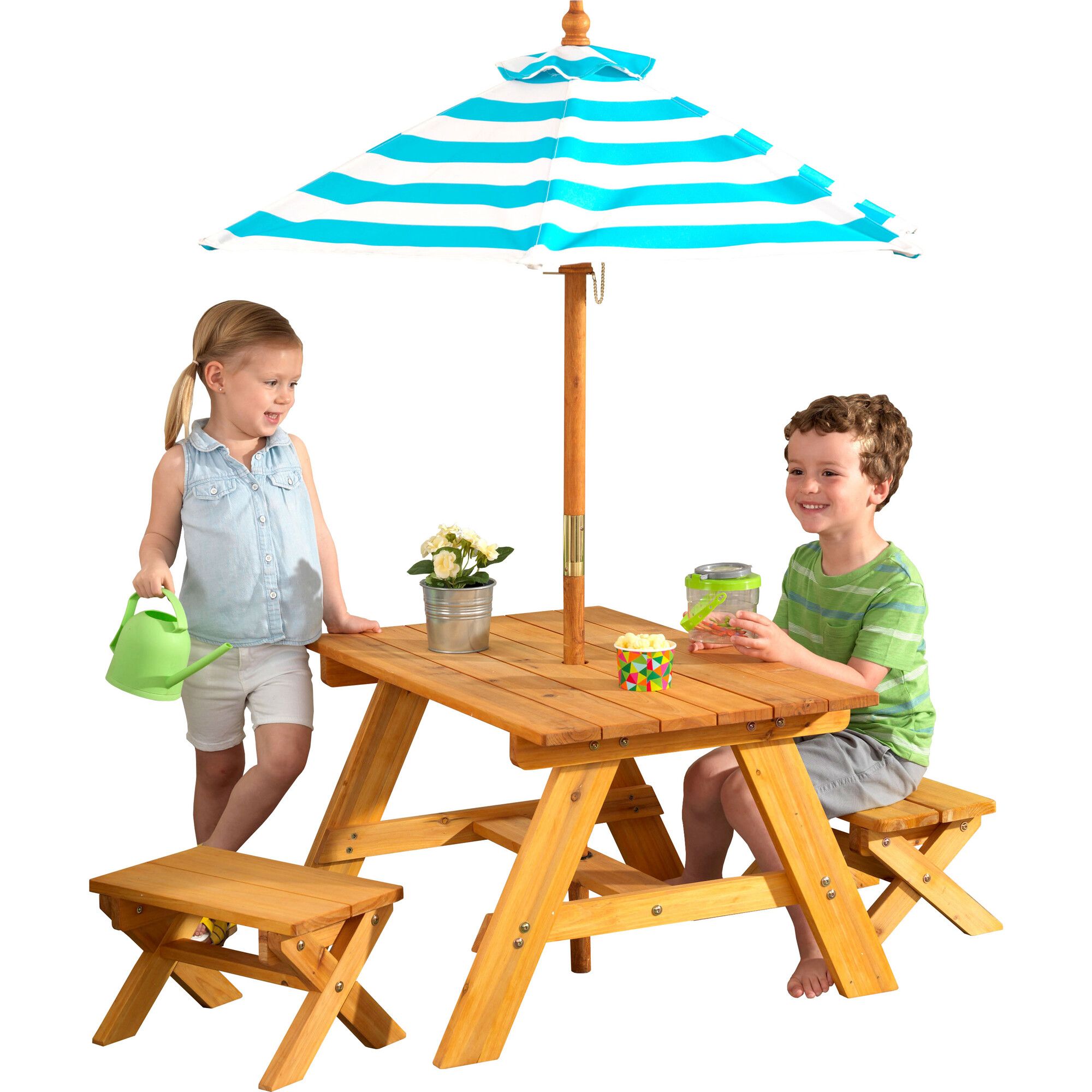 Outdoor Table and Bench Set with Umbrella, Turquoise/White | Maisonette