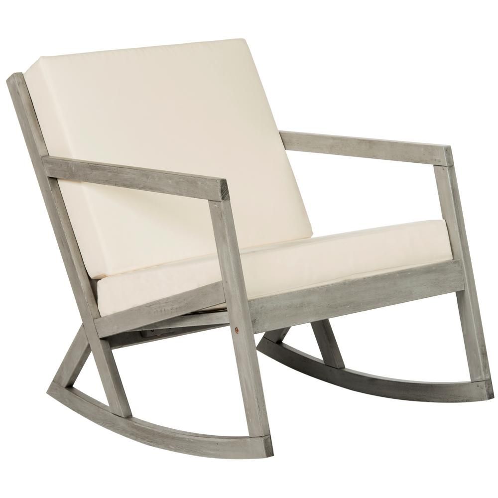Vernon Grey Wood Outdoor Rocking Chair with Beige Cushions | The Home Depot