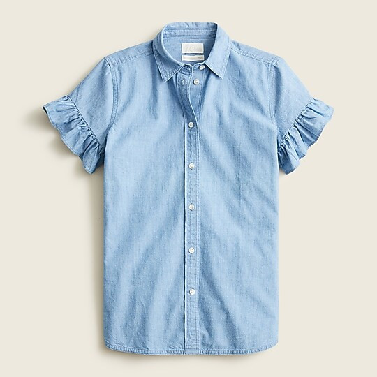 J.Crew: Classic-fit Chambray Ruffle-sleeve Shirt For Women | J. Crew US