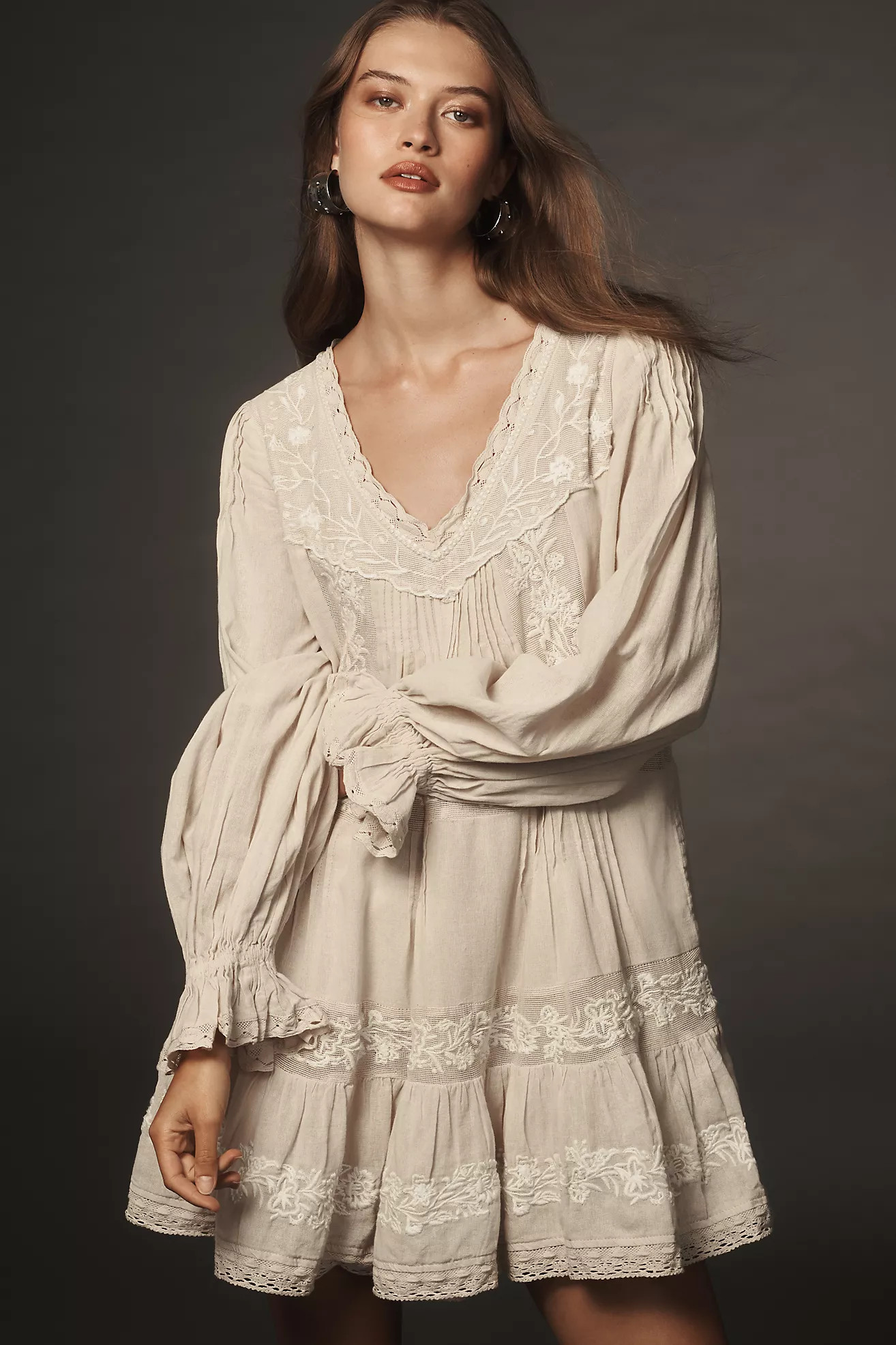 By Anthropologie Long-Sleeve Embroidered Pintuck Swing Mini Dress | Anthropologie (US)