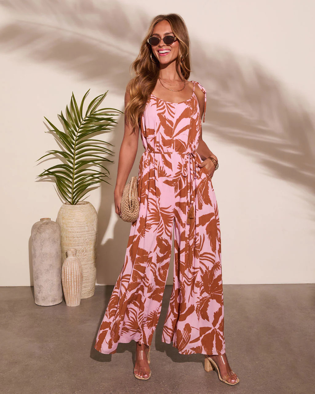 Marline Palm Print Waist Tie Jumpsuit | VICI