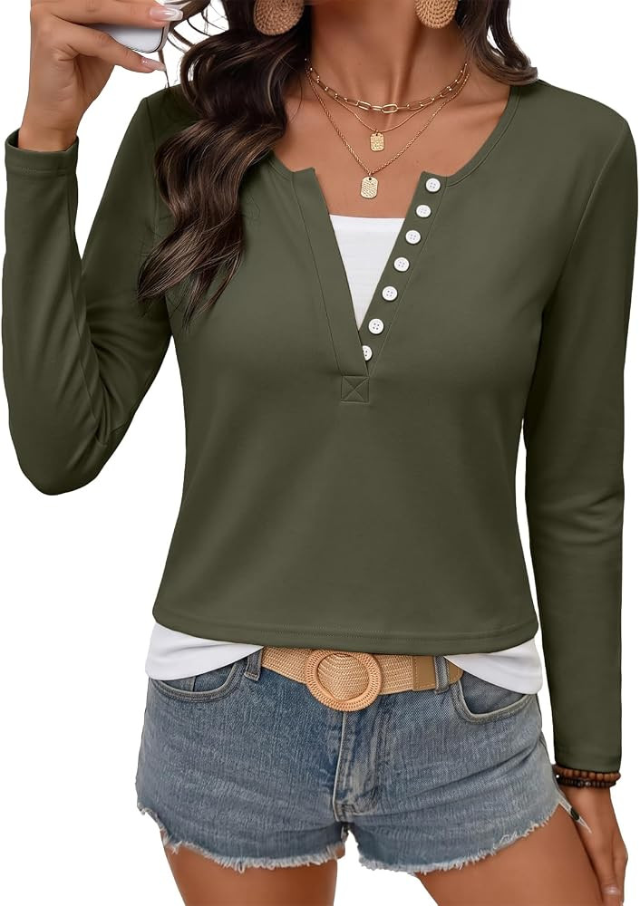 EVALESS Womens Henley Shirts V Neck Button Tops | Amazon (US)