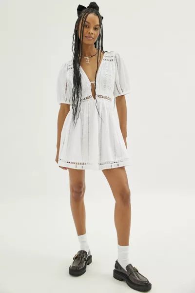 UO Marlee Eyelet Puff Sleeve Mini Dress | Urban Outfitters (US and RoW)