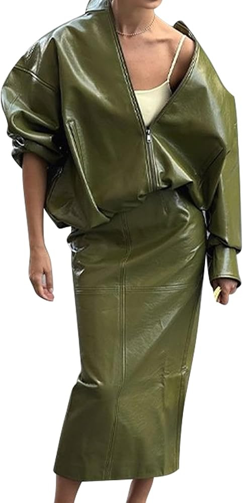 Women's PU Leather Jacket Set with Lapel Long Sleeves Shiny Leather Jacket, and Leather Maxi Skir... | Amazon (US)