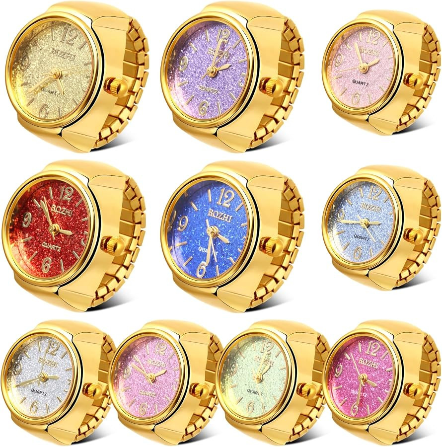 10 Pcs Finger Watches Ring for Women Men Adjustable Clock Rings Bulk Creative Elastic Round Quart... | Amazon (US)
