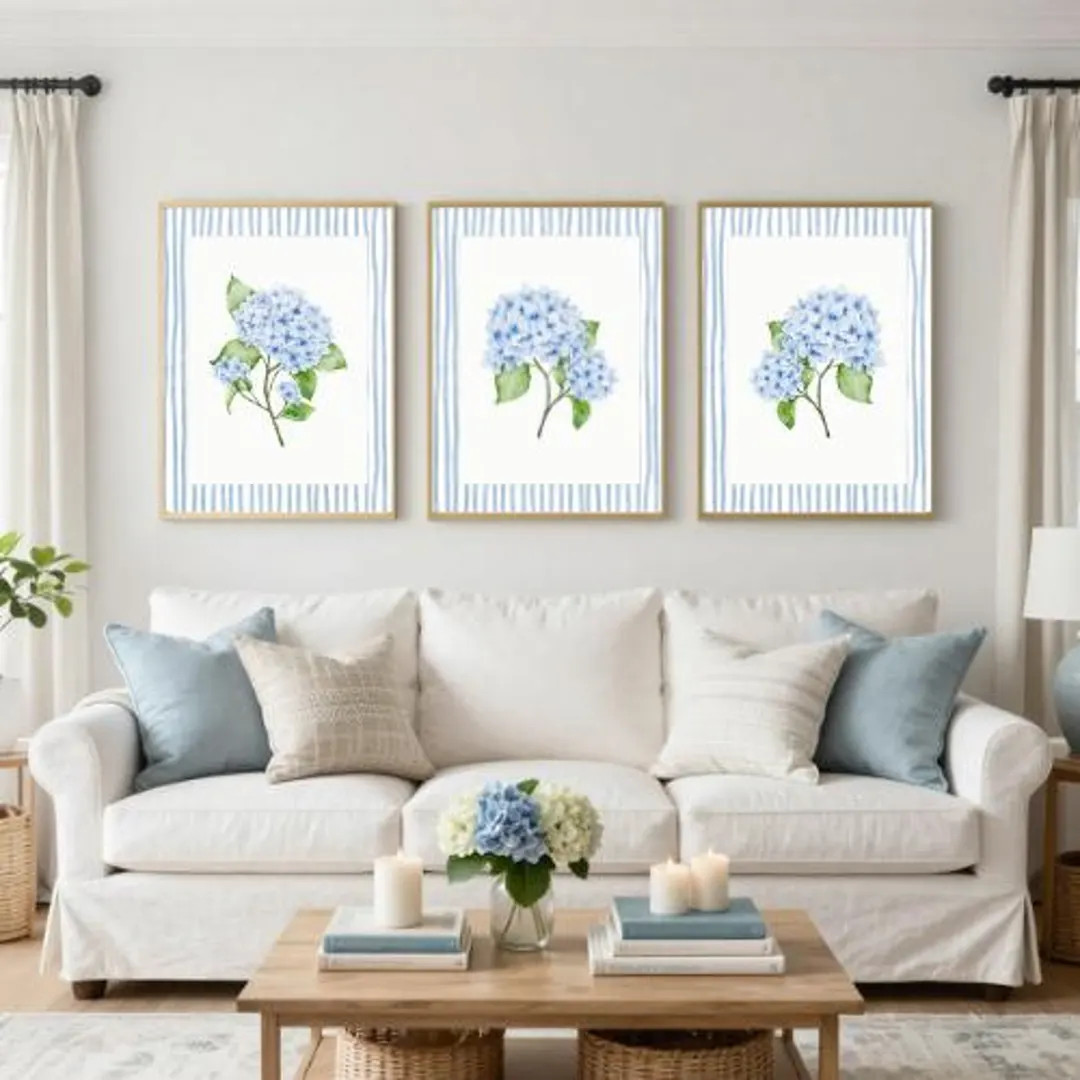 Blue Hydrangea Watercolor Print Set | Coastal Farmhouse Wall Art (Digital Download) | Etsy (US)