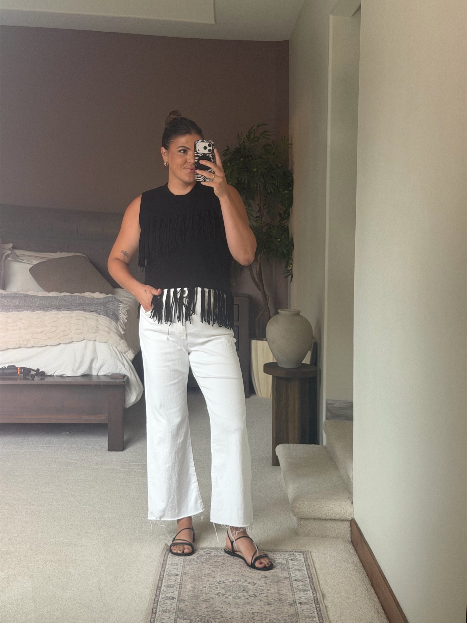 Casual early fall outfit/teacher outfit/business casual outfit
White distressed hem denim from @jcrew size 32
Knit top from Amazon size large
Wrap sandals from Amazon size up between sizes 

Midsize, size 12, size 14, mom style, curvy outfit, thick tummy approved ￼