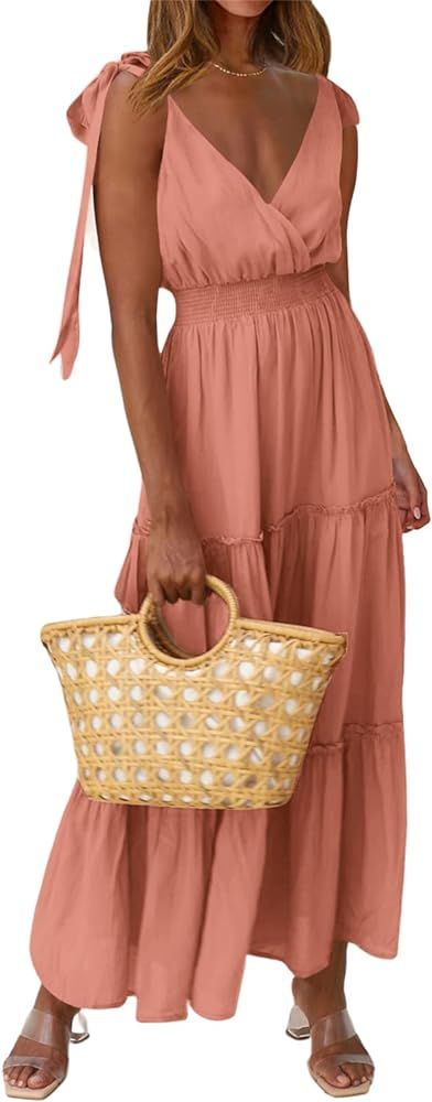 PRETTYGARDEN Women's Cross Neck Summer Sleeveless Tiered Maxi Dress Beach Tie Strap Smocked Long ... | Amazon (US)