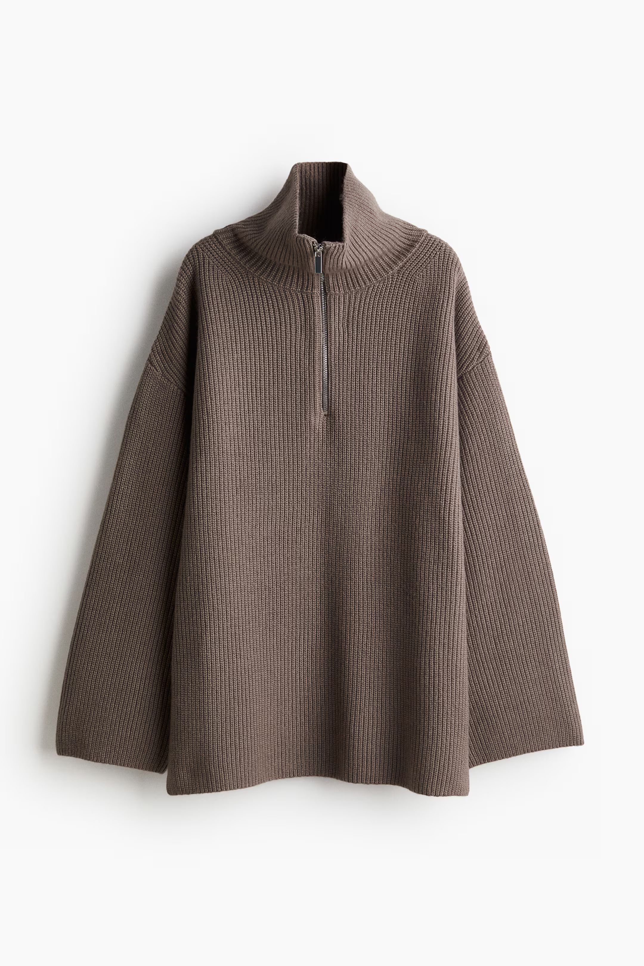 Rib-knit Half-zip Sweater - Mock Turtleneck - Long sleeve - Brown - Ladies | H&M US | H&M (US + CA)