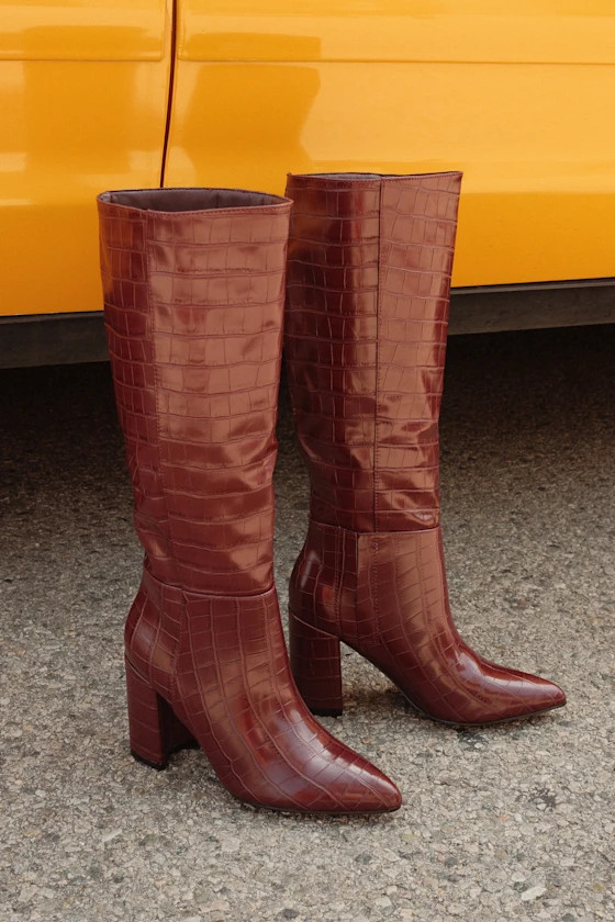 Katari Cranberry Croc Pointed-Toe Knee High Boots | Lulus