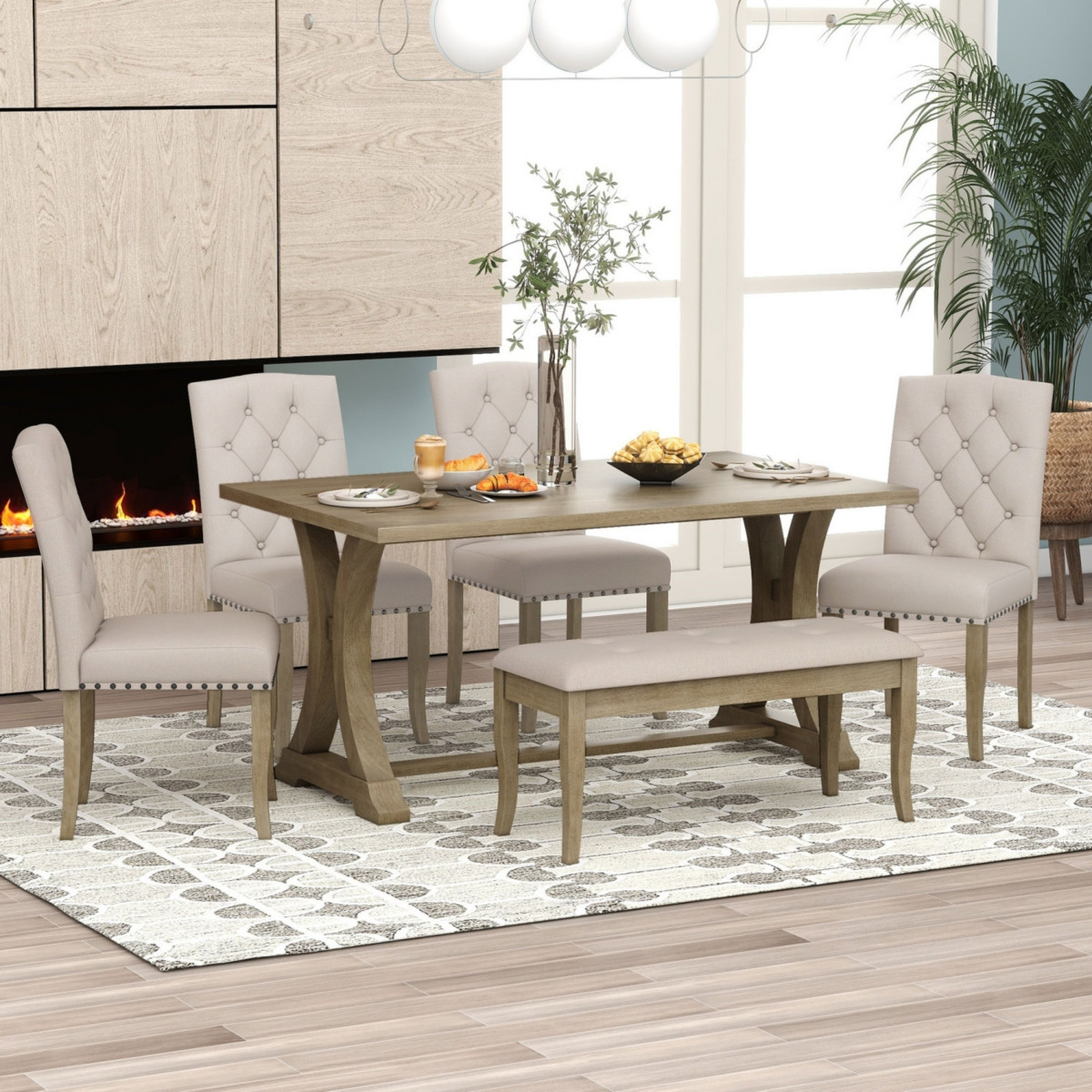Streamdale Furniture 6-Piece Farmhouse Dining Table Set, Rectangular Trestle Table And 4 Upholstered Chairs & Bench - Natural wood wash | Macy's