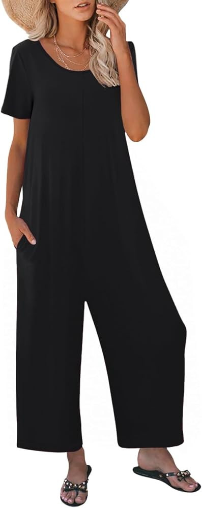 Jumpsuits for Women Summer Short Sleeve U Neck Rompers Casual Loose Fit Wide Leg One Piece Outfit... | Amazon (US)