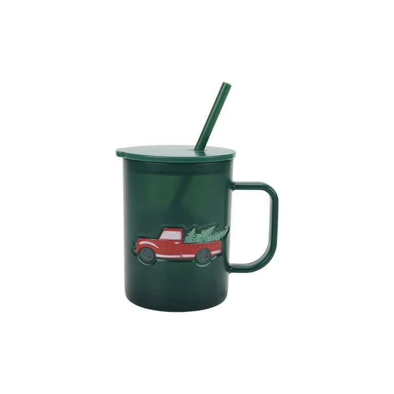 20 Ounce Green Frosted Acrylic Embossed Red Truck Mug with Lid and Straw, by Holiday Time | Walmart (US)