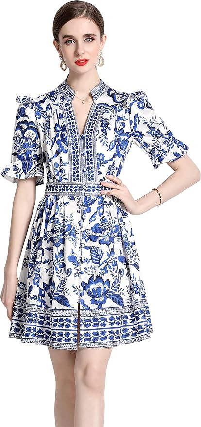 LAI MENG FIVE CATS Women's Button Up Short Puff Sleeve V-Neck Floral Print Split Casual Mini Dres... | Amazon (US)