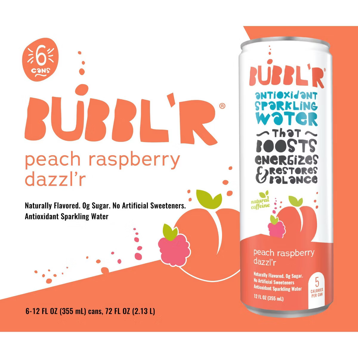 BUBBL'R Peach Raspberry Dazzl'r Antioxidant Sparkling Water - 6pk/12 fl oz Cans | Target