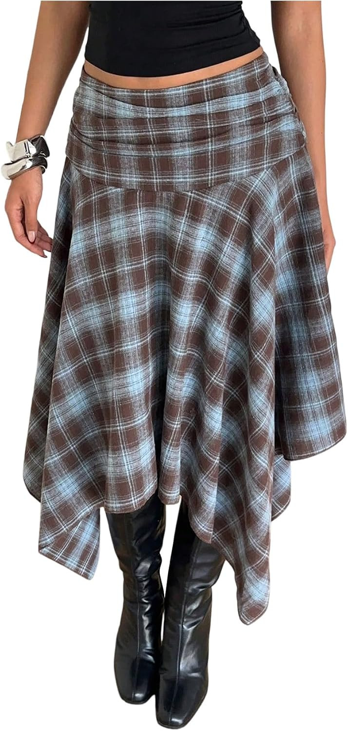 Floerns Women's Y2k Plaid Midi Skirt Asymmetrical Hem Low Rise Flowy Skirt | Amazon (US)