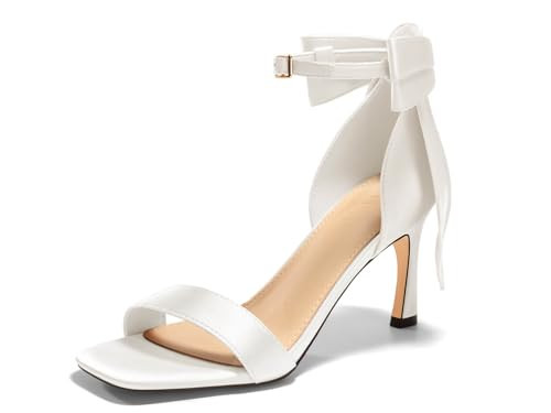 Coutgo Womens Bow Tie High Heels One Strap Heeled Sandals Sexy Stiletto Open Toe Wedding Bride Shoes, White, Size 8.5 | Amazon (US)
