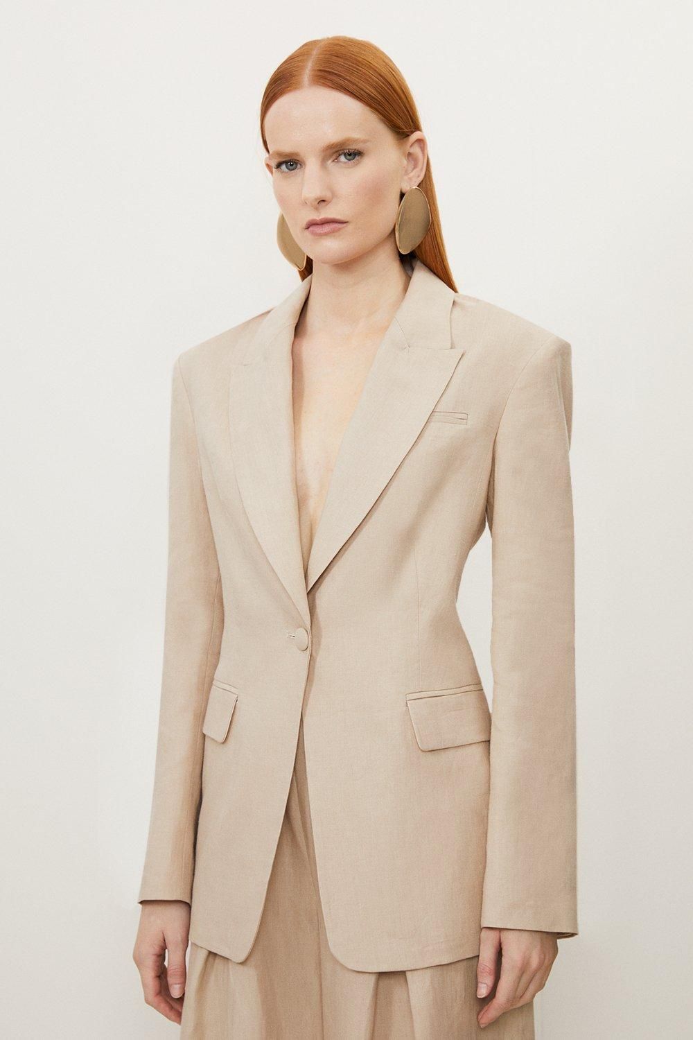 Linen Tailored Single Breasted Longline Blazer | Karen Millen UK + IE + DE + NL
