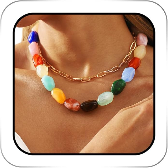 Colorful Gemstone Chunky Choker Necklaces Gold Vintage 2 Layered Chokers Rave Statement Neck Chai... | Amazon (US)