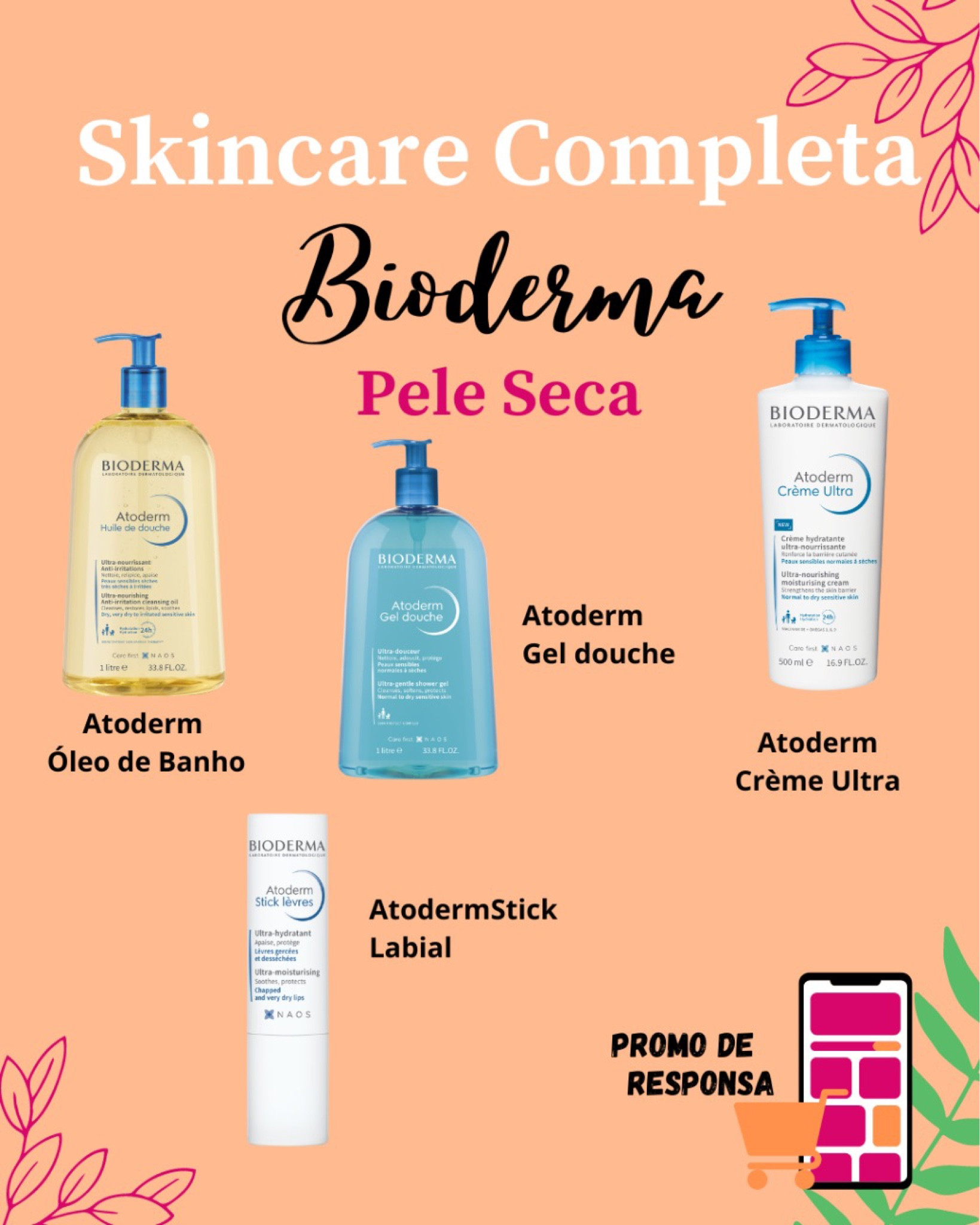 Atoderm Óleo de Banho: 
Higiene hidratante diária

Atoderm Crème Ultra: 
Hidratação ultra nutritivo diário de rápida absorção

Atoderm Gel douche: 
Higiene diária antirressecamento

Atoderm SOS spray: 
Reflexo anticoceira para alívio imediato

Atoderm Stick Labial:

Ultra-hidratante e calmante para lábios ressecados

#LTKbeauty #LTKbrasil #LTKGiftGuide