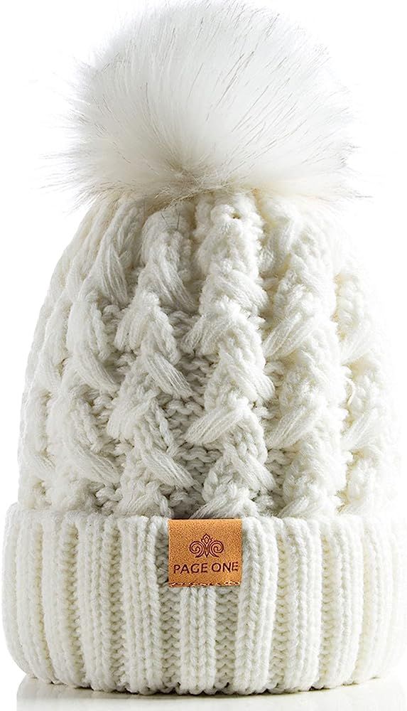 PAGE ONE Womens Winter Ribbed Beanie Crossed Cap Chunky Cable Knit Pompom Soft Warm Hat | Amazon (US)