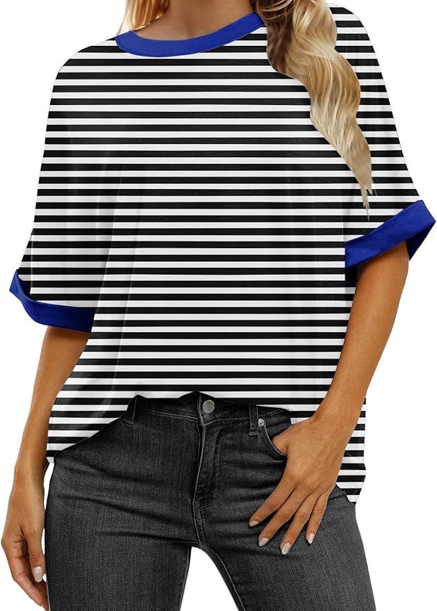 TERIVEEK Women Oversized Striped Color Block Short Sleeve T-Shirts Casual Loose Crew Neck Summer ... | Amazon (US)