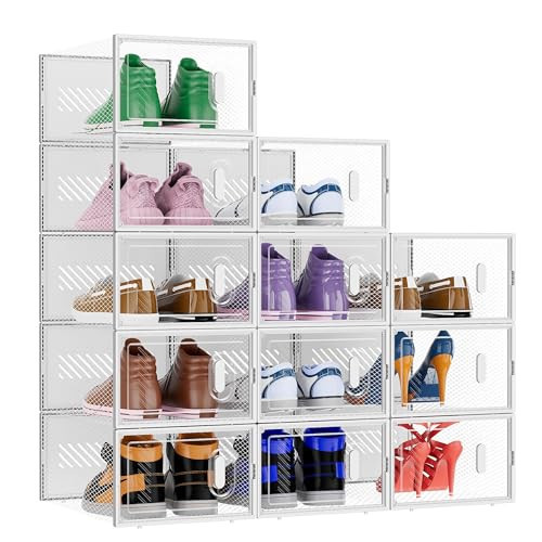 BALEINE 12 Pack Stackable Shoe Storage Boxes, Large Clear Shoe Box Bins with Lids, Plastic Foldable Shoe Rack Organizer Sneaker Storage Containers for Closet Entryway (Large, White) | Amazon (US)