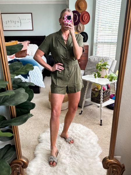 Free Assembly linen blend romper from Walmart- wearing small
Fits tts unless chesty or carrying weight in midsection then size up 

#LTKStyleTip #LTKFindsUnder50 #LTKxWalmart