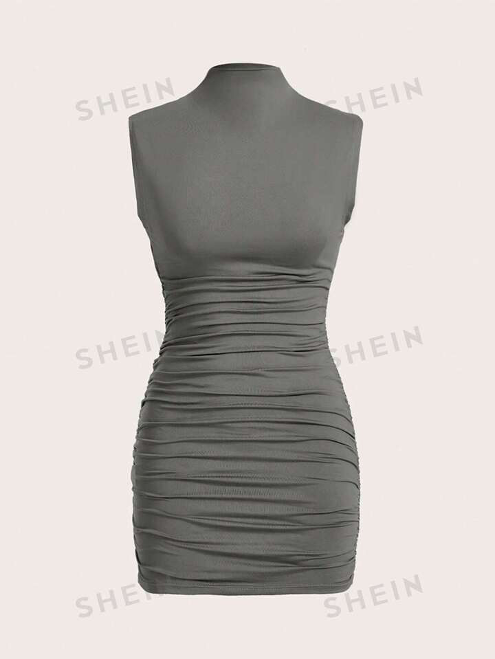 SHEIN EZwear Gray Mock Neck Ruched Bodycon Dress | SHEIN
