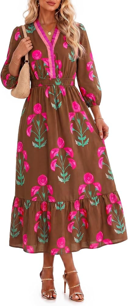 Wenrine Womens Long Sleeve Midi Dress Boho Floral V Neck Flowy Dresses | Amazon (US)