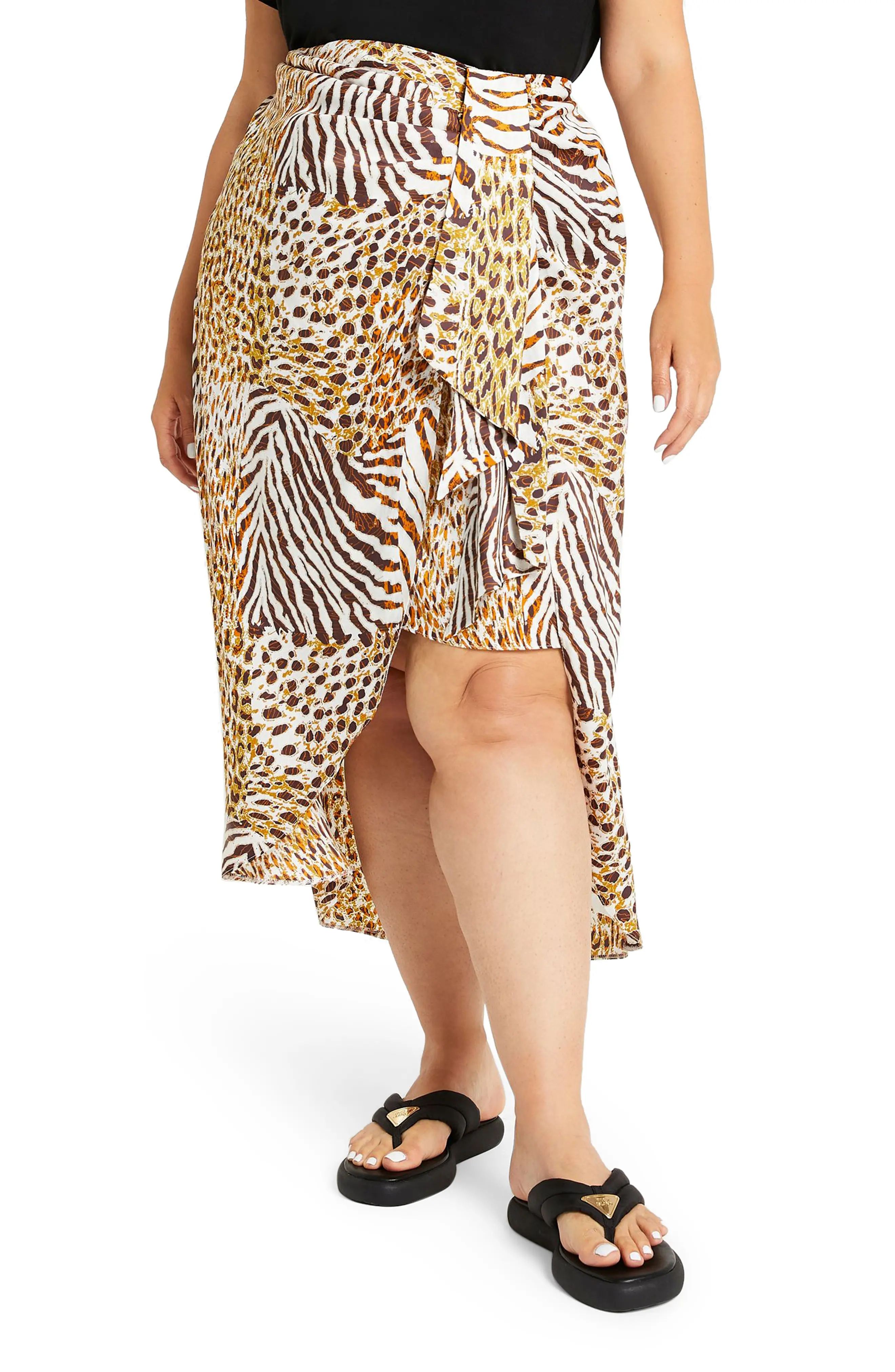 River Island Knot Front Animal Print Skirt, Size 26W in Light Beige at Nordstrom | Nordstrom