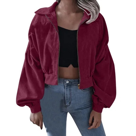 adviicd Blazer Womens Fashion Corduroy Lapel Solid Color Long Sleeve Cropped Jacket Zip Coat plus Si | Walmart (US)