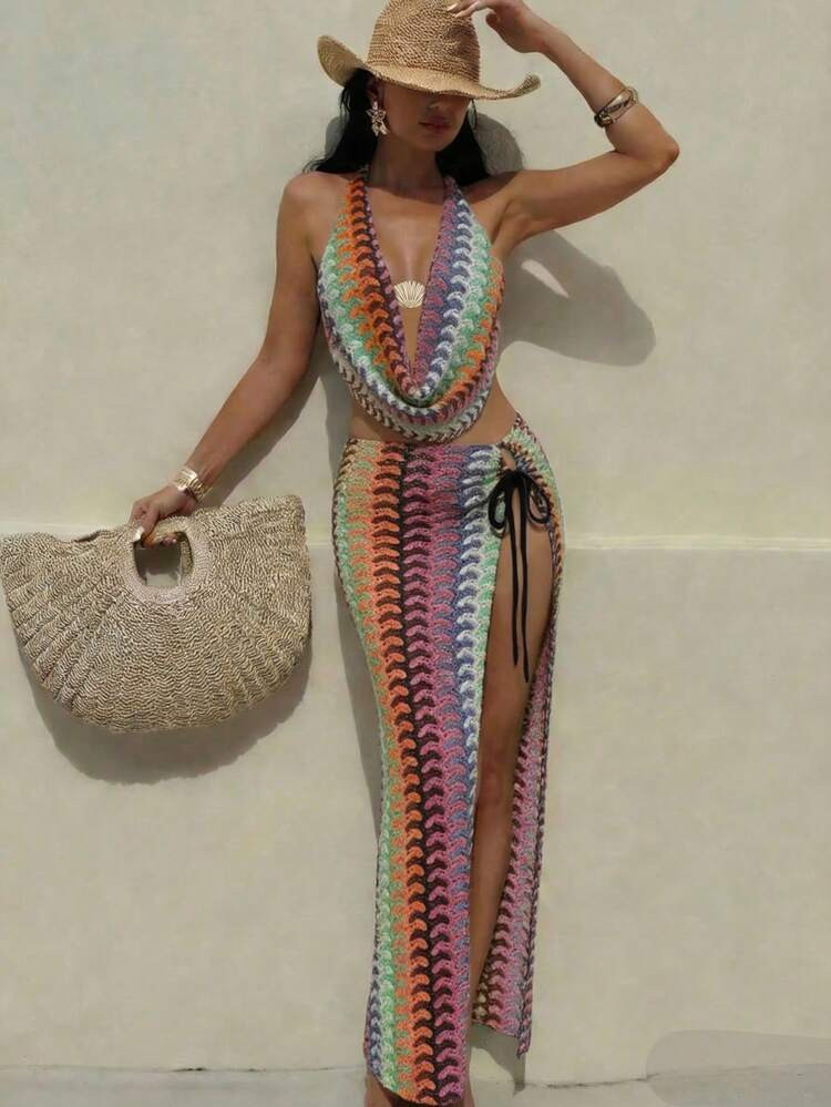 Sirith Summer Beach Vacation Women Halter Neck Special Fabric Top With Side Tie Pants, Side Tie S... | SHEIN