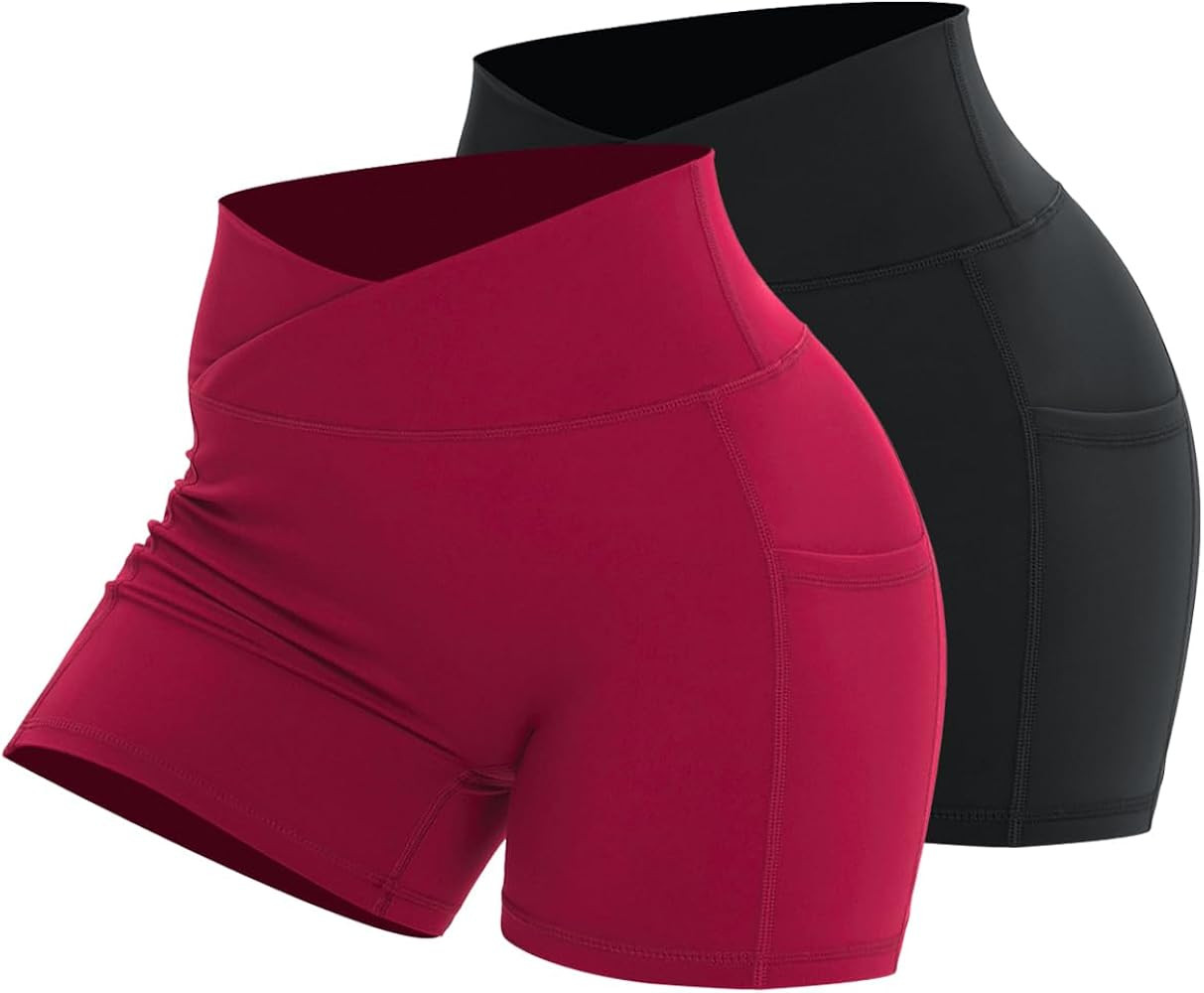 Workout Shorts for Women 2 Pcs Pack Cross Waist Active Gym Spandex Stretchy Yoga Compression with... | Amazon (US)