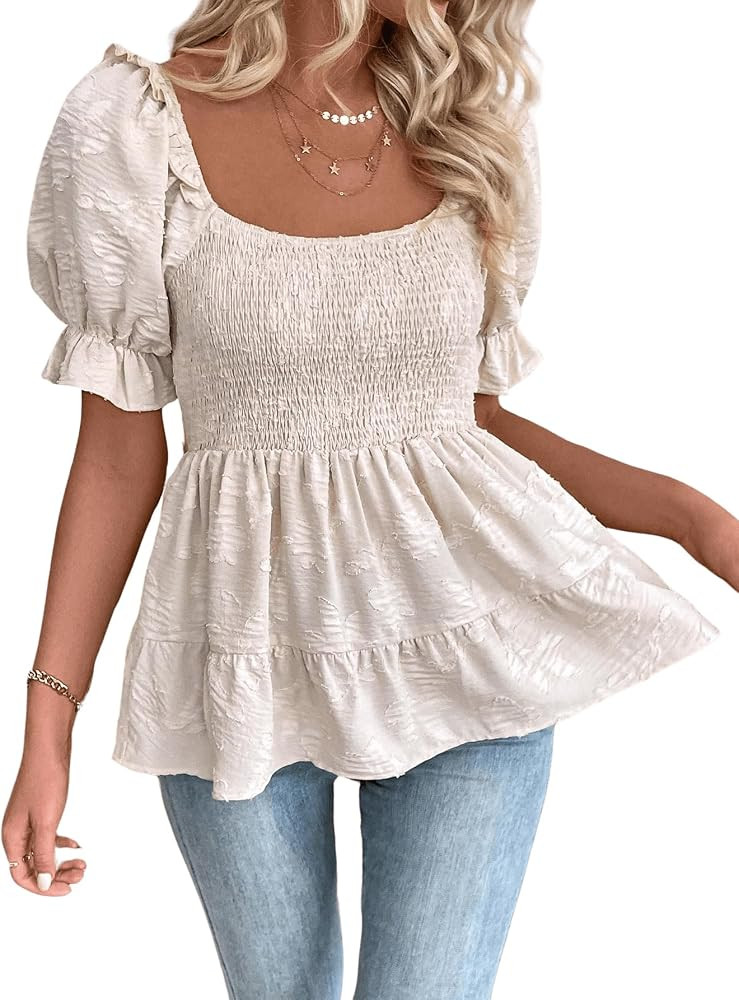 SOLY HUX Women's Summer Peplum Tops Square Neck Ruffle Short Sleeve Blouse Casual Shirred Shirts | Amazon (US)