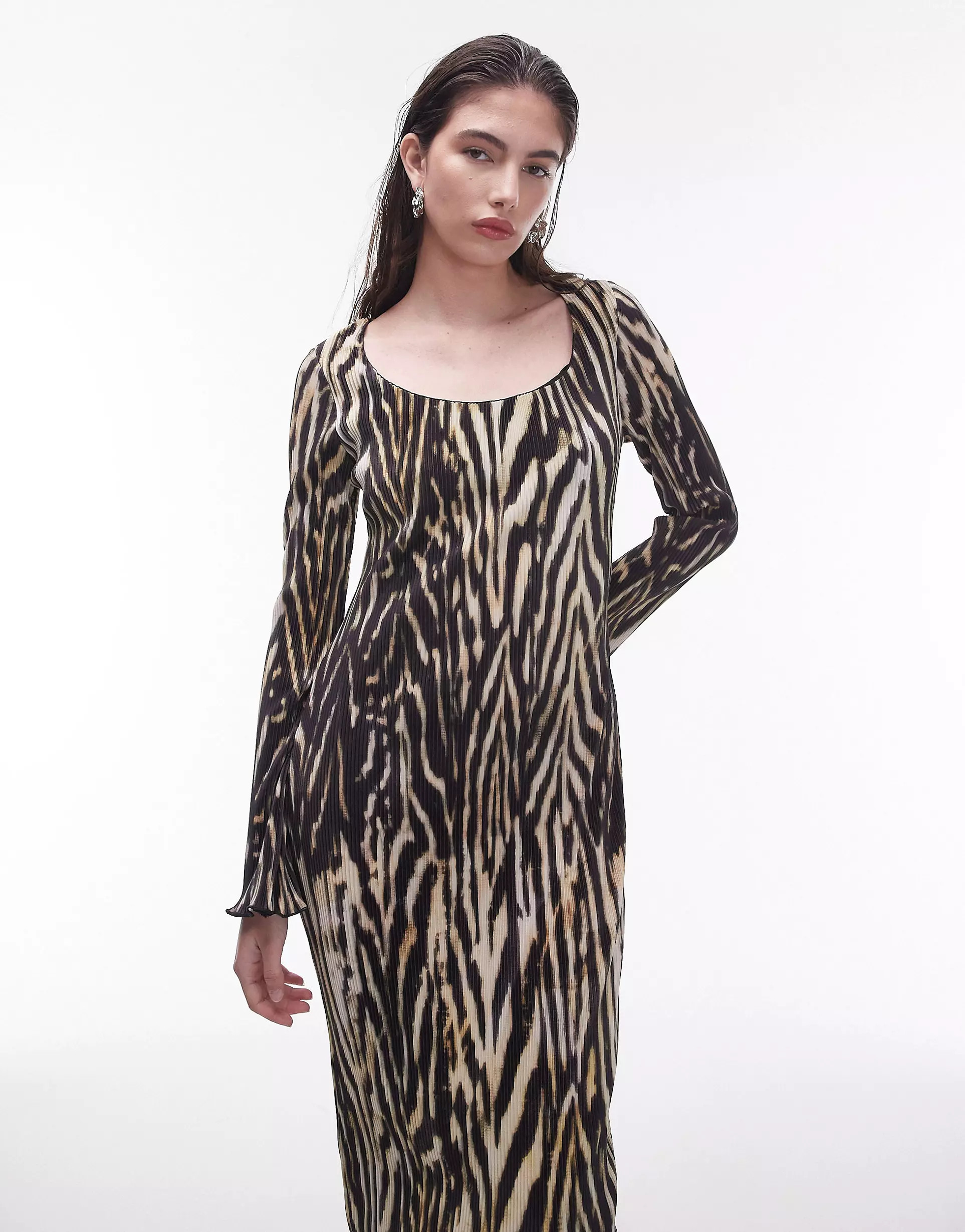 Topshop scoop neck plisse lettuce hem midi dress in mono zebra print | ASOS (Global)