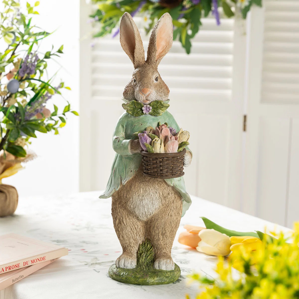 15.75"H Easter Resin Bunny Boy Table Decor With Flowers | Wayfair North America