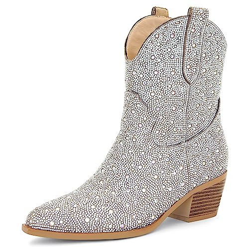 STALOV Rhinestone Cowboy Boots for Women, Western Sparkly Cowgirl Boots Pointed Toe Chunky Heel Glitter Ankle Boots | Amazon (US)