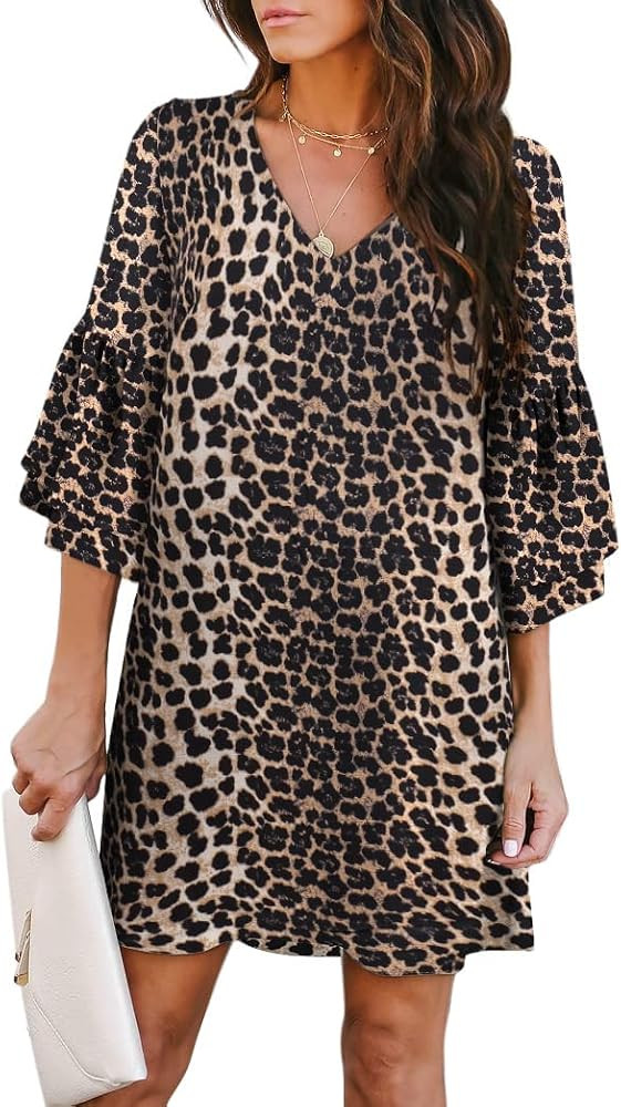 BELONGSCI Women's 2024 Summer Dress Sweet & Cute V-Neck Bell Sleeve Shift Dress Mini Dress, Perfe... | Amazon (US)