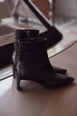 Macy Brown Leather Croc Effect Ankle Boots | Mint Velvet - UK