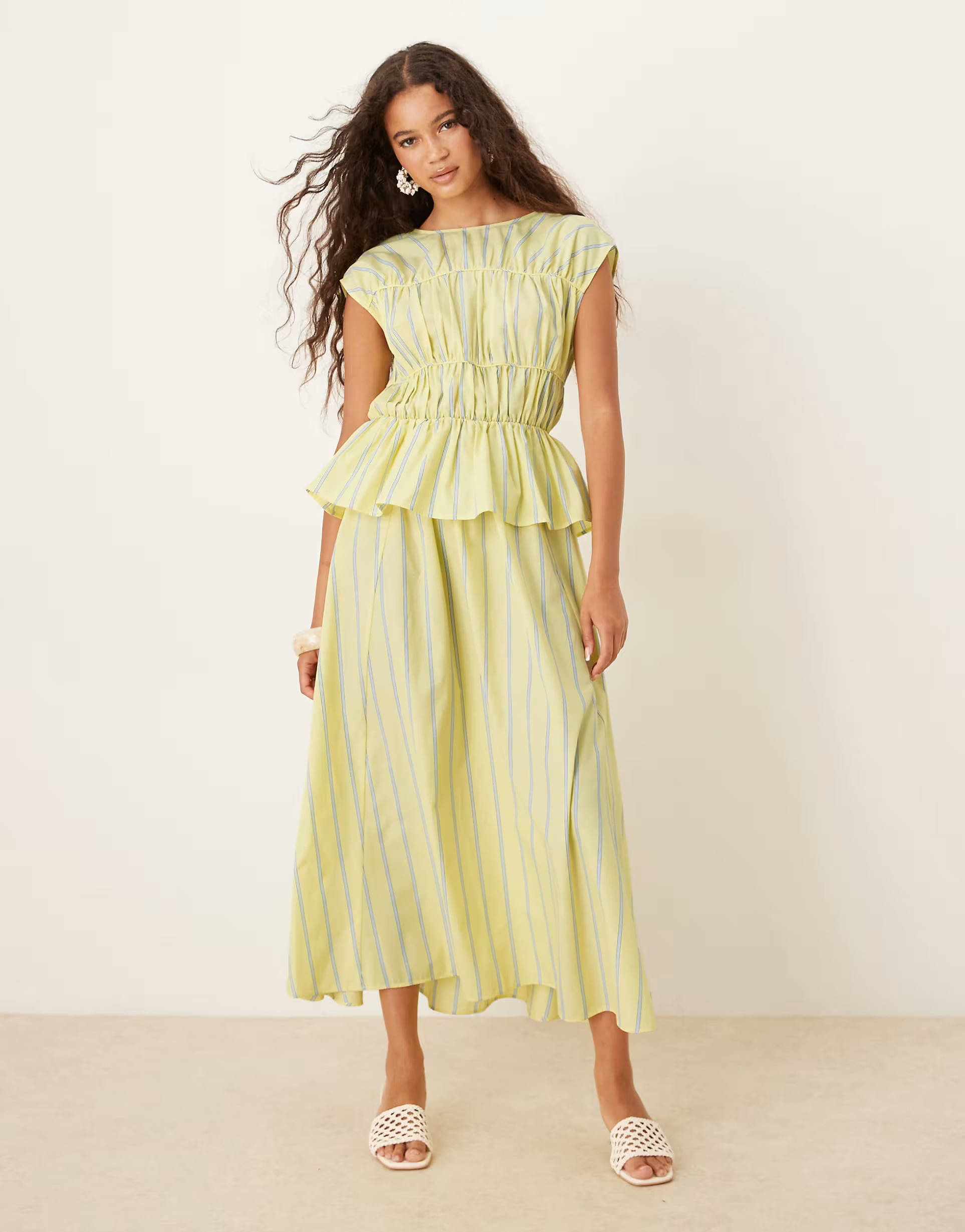 ASOS DESIGN ruched panelled midi dress in yellow stripe | ASOS | ASOS (Global)