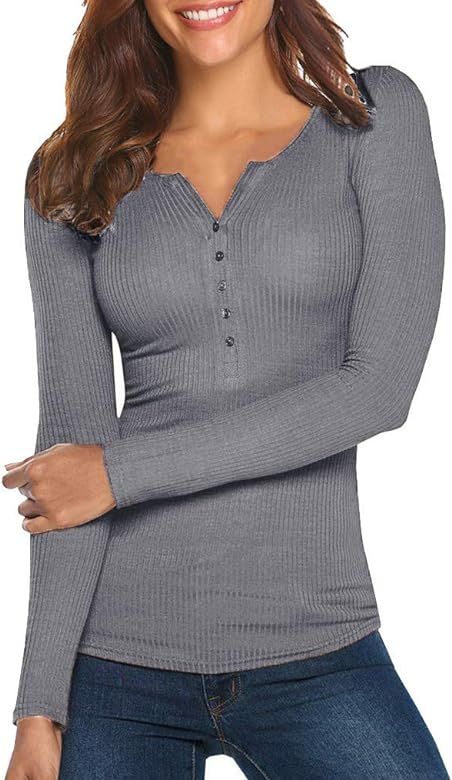 Tobrief Women's Henley Shirts Long Sleeve V Neck Ribbed Button Down Knit Sweater Fitted Tops | Amazon (US)