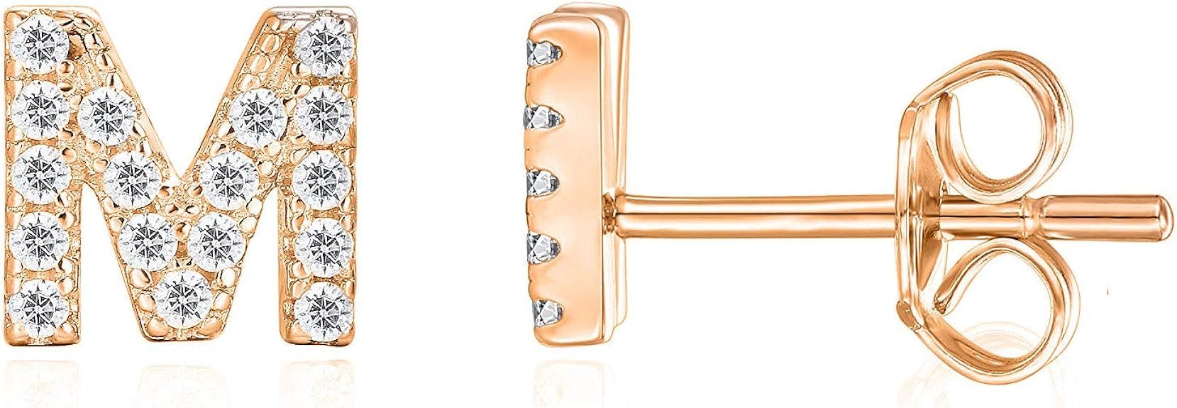 PAVOI 14K Rose Gold Plated Sterling Silver CZ Alphabet Letter Earrings | Initial Earrings for Gir... | Amazon (US)