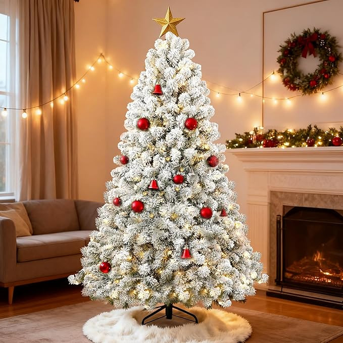5ft Per-Lit Snow Flocked Christmas Tree, Artificial Christmas Tree with 200 Warm White Lights, 55... | Amazon (US)